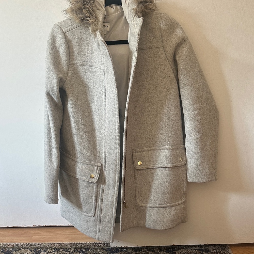 Women's Gray Wool Blend Coat with Faux Fur Trim